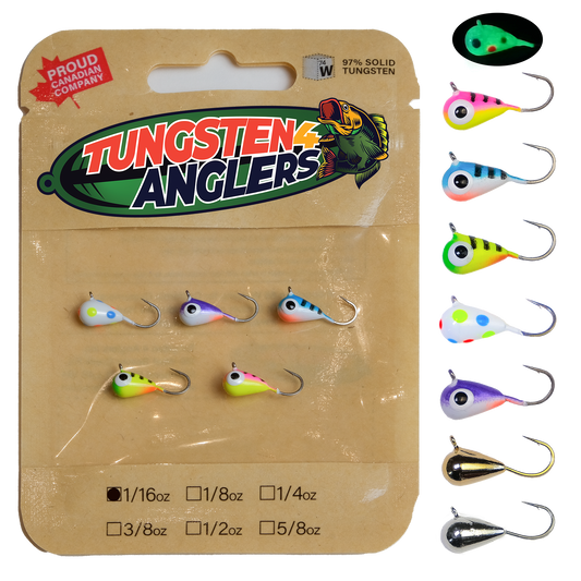 Tear Drop Ice Jigs 5-pc packet, 1/16oz size, perfect for fishing in Tungsten4Anglers packaging