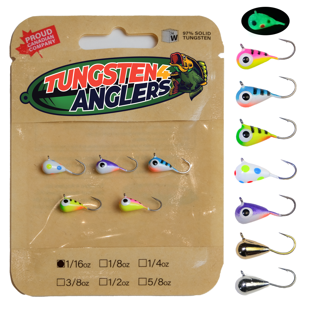 Tear Drop Ice Jigs 5-pc packet, 1/16oz size, perfect for fishing in Tungsten4Anglers packaging